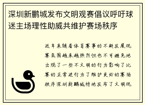 深圳新鹏城发布文明观赛倡议呼吁球迷主场理性助威共维护赛场秩序