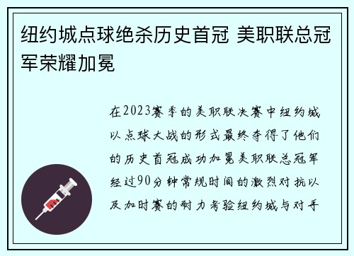 纽约城点球绝杀历史首冠 美职联总冠军荣耀加冕